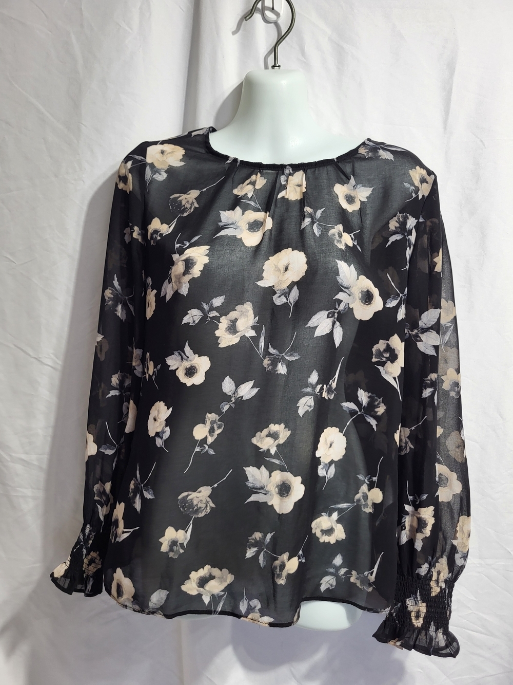 Dynamite Black Sheer Floral Long-Sleeve Blouse with Cream Blooms, Size XS
